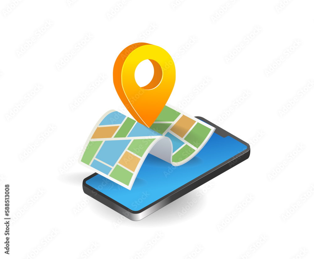 Poster smartphone with location pin on the map. isometric vector illustration.