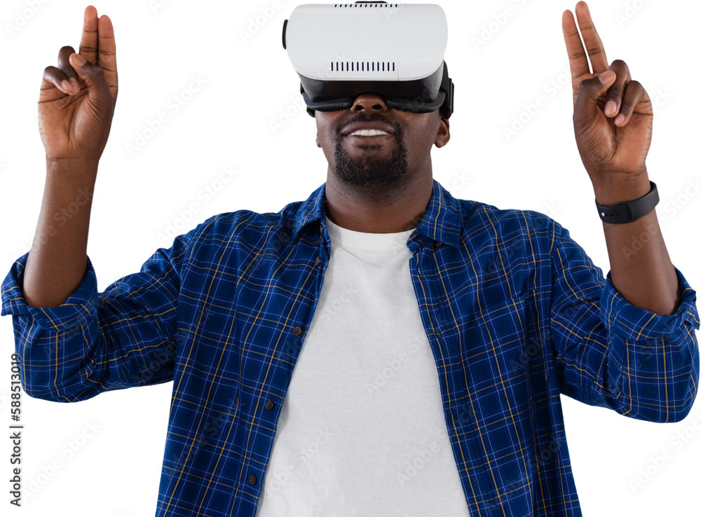 Poster man gesturing while using virtual reality headset