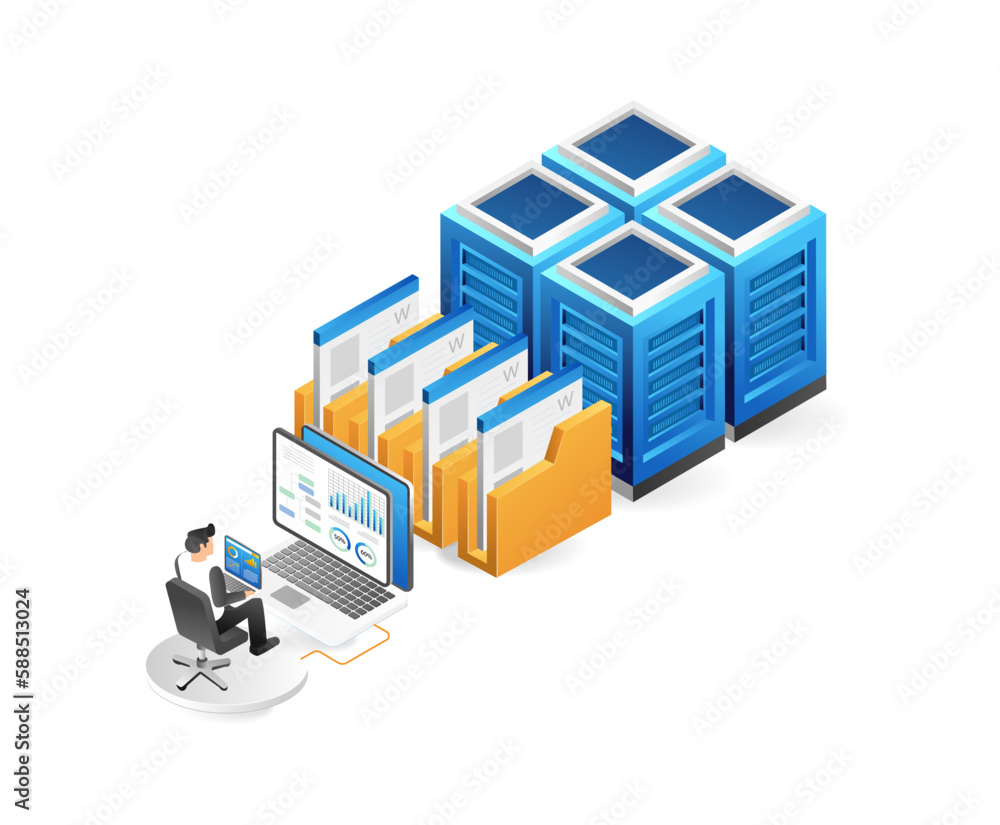Poster Isometric data center concept. Cloud storage and hosting. Data center server room and cloud computing. Vector illustration