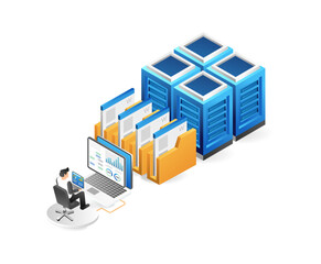 Isometric data center concept. Cloud storage and hosting. Data center server room and cloud computing. Vector illustration