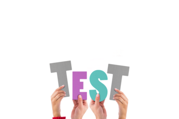 Colorful alphabet spelling test held up by people 