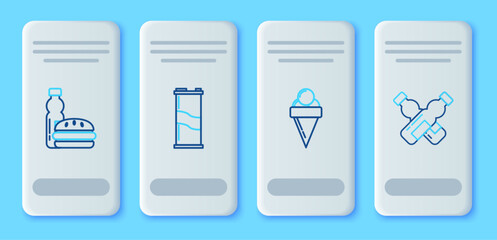 Set line Soda can, Ice cream in waffle cone, Bottle of water and burger and Crossed bottle icon. Vector