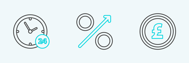 Set line Coin money with pound sterling symbol, Clock 24 hours and Percent up arrow icon. Vector