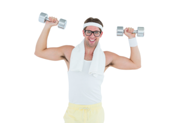 Geeky hipster lifting dumbbells in sportswear