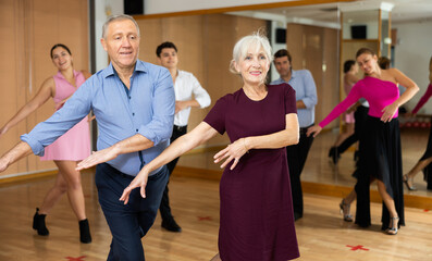 Fototapeta premium Happy aged couple attending group choreography class, learning upbeat dynamic partner swing dance. Concept of active hobbies for older people