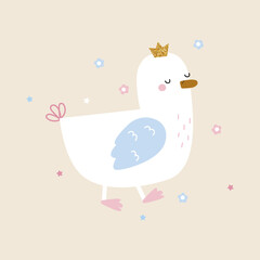 Cute little goose princess. Girlish cartoon print. Vector hand drawn illustration.