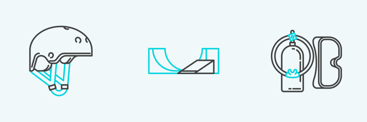 Set line Diving mask and aqualung, Helmet and Skate park icon. Vector