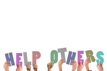 Hands holding colorful words help others 