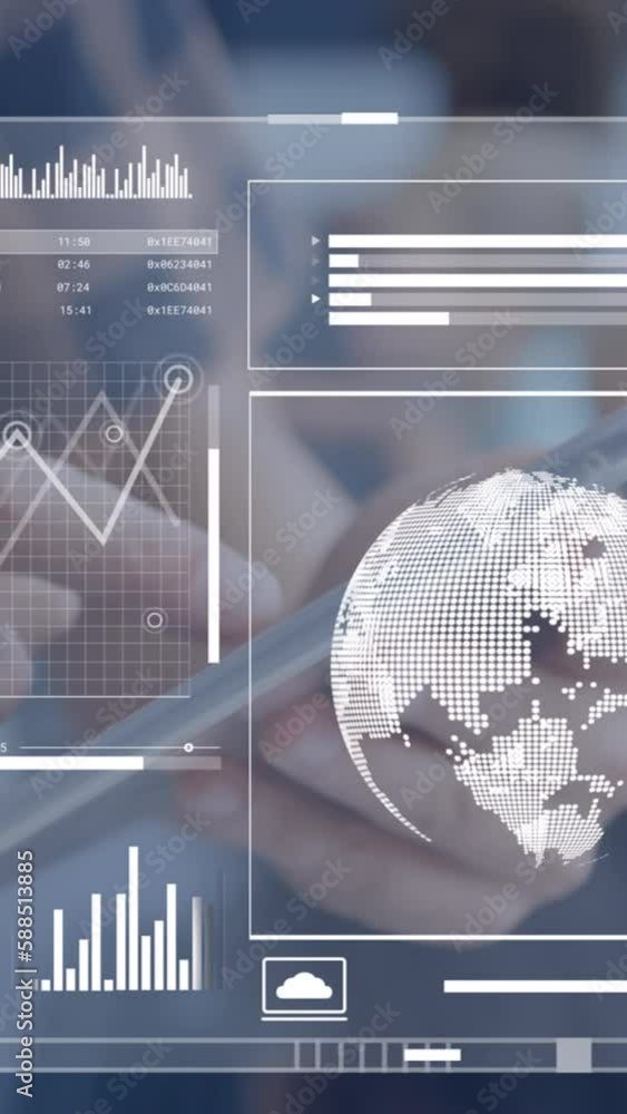 Poster animation of financial data processing over businessmen using tablet