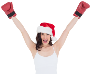 Festive brunette in boxing gloves cheering