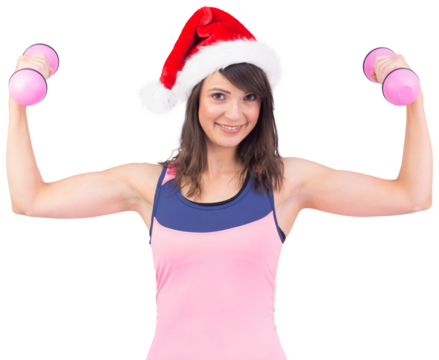 Woman in santa hat holding hand weight - Powered by Adobe