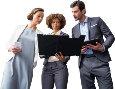 Low angle view of business people discussing files