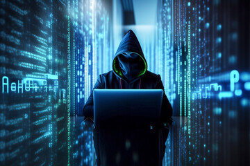 Hacker with a black hood in the process of work