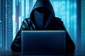 Hacker in black hood in front of a computer