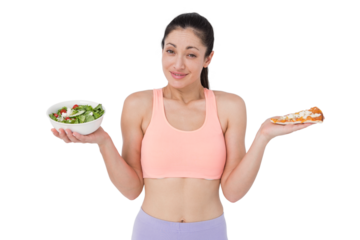 Pretty brunette holding pizza and salad