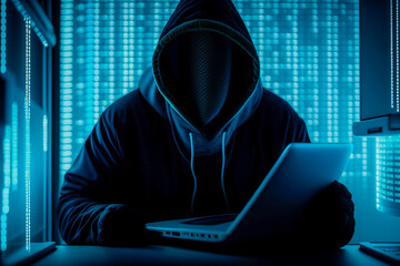 A hacker in a hood cracks passwords on the computer