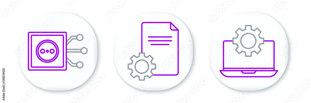 Poster set line laptop and gear, remote control and file document icon. vector