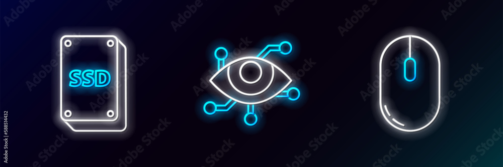 Poster set line computer mouse, ssd card and virtual reality icon. glowing neon. vector