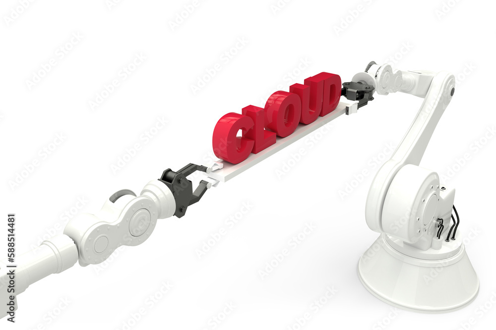 Poster composite image of mechanical robotic hands holding cloud text
