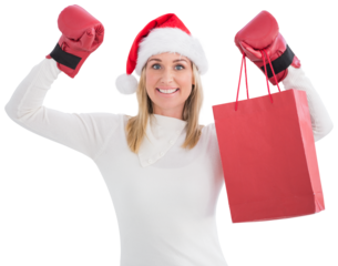 Festive blonde in boxing gloves with shopping bag