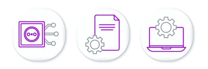 Set line Laptop and gear, Remote control and File document icon. Vector