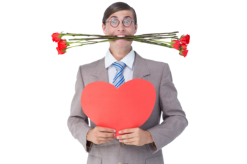 Geeky businessman offering valentines gifts