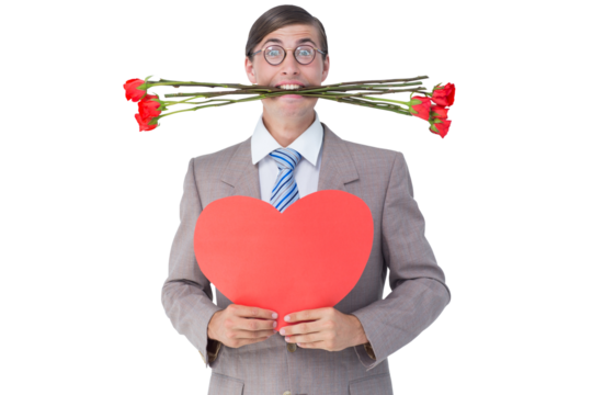 Geeky businessman offering valentines gifts - Powered by Adobe