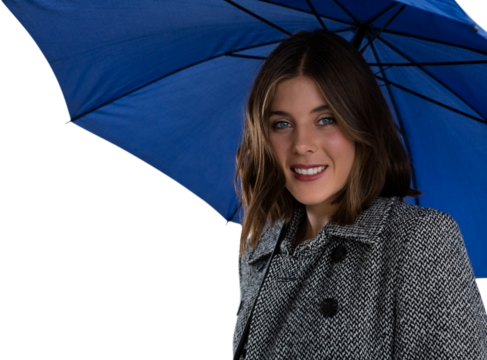 Portrait of woman with blue umbrella