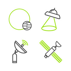 Set line Satellite, Radar, UFO flying spaceship and Planet icon. Vector