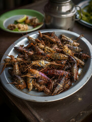 A platter of barbequed grasshoppers and potatoes. AI generation.