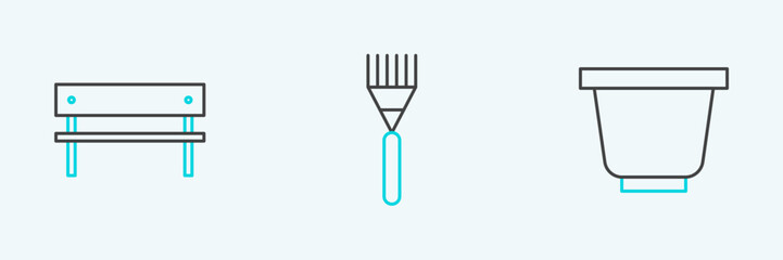 Set line Flower pot, Bench and Garden rake icon. Vector