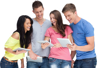 A laughing group of friends looking at their tablet pcs