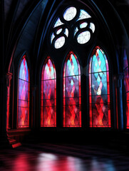 Stained gl windows lit up with a mysterious glint of crimson light Gothic art. AI generation.