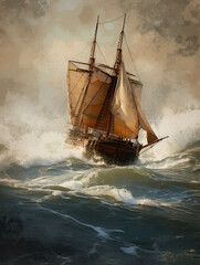 Obraz premium An old wooden sailboat carving through the swell.. AI generation.