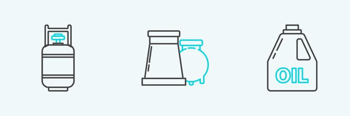 Set line Canister for motor machine oil, Propane gas tank and Oil and industrial factory building icon. Vector