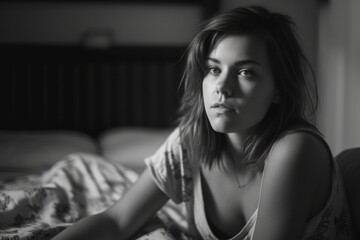 young woman looking at the camera posing in bed. Generative AI	