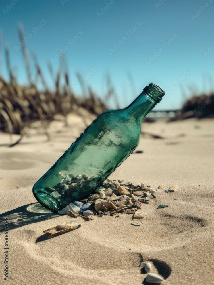 Poster a broken glass bottle its shards tered in the sand.. ai generation.