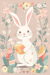 Easter rabbit on flower and eggs background, Vector, Pink Background