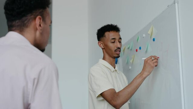 A black man explaining the strategy of drawing on a white board in the office. Colleagues working on documents. Productive teamwork. High quality 4k footage