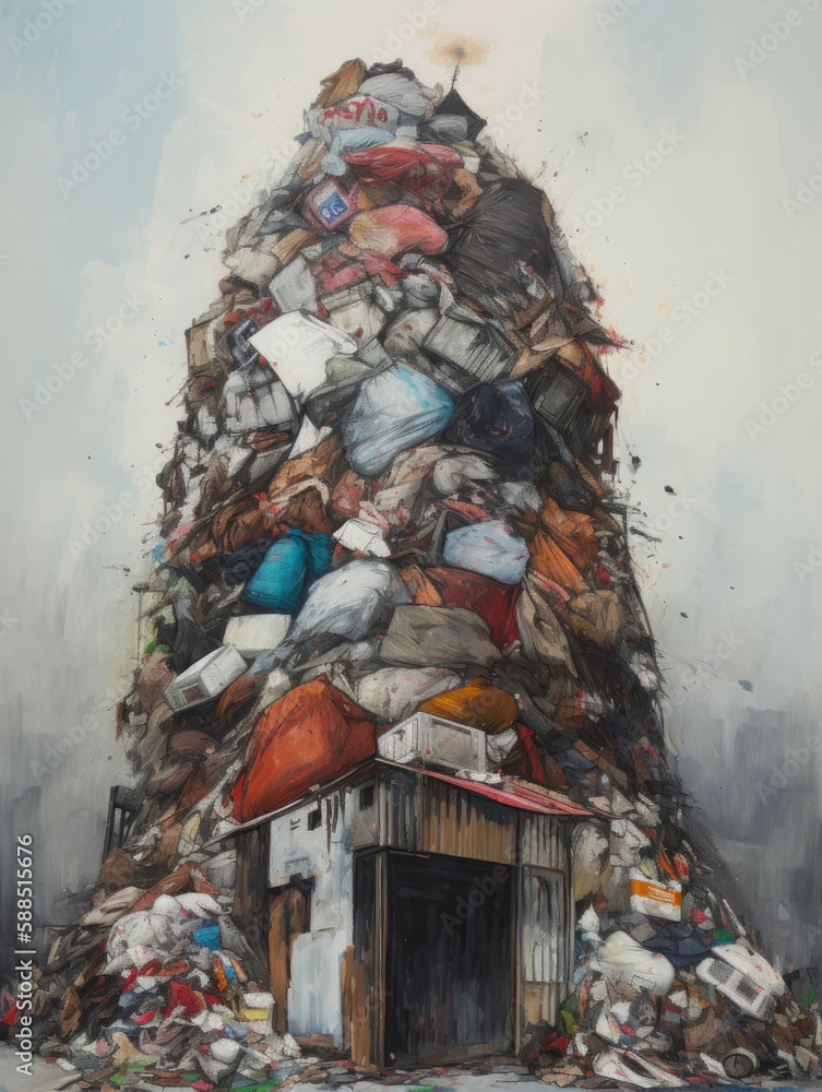 Poster a towering mountain of trash spilling out of a single overflowing bin.. ai generation.