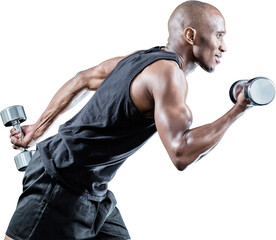 Side view of muscular man running while holding dumbbell