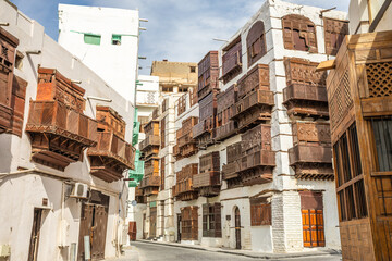 Al-Balad old town with traditional muslim houses with wooden windows and balconies, Jeddah, Saudi Arabia