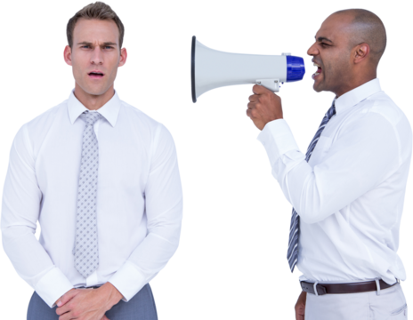 Businessman yelling with a megaphone at his colleague