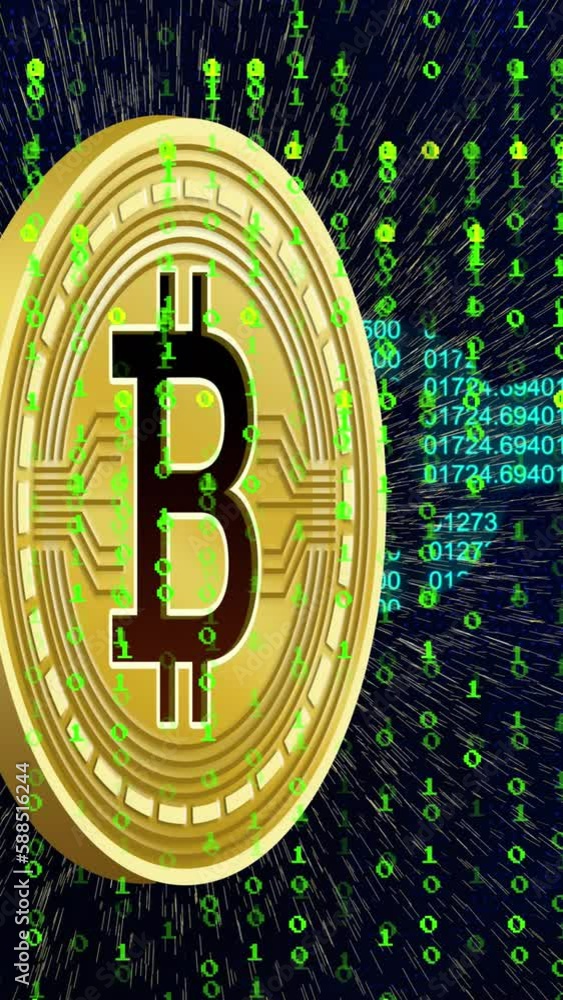 Poster animation of bitcoin symbol and block chain over black background with green letters