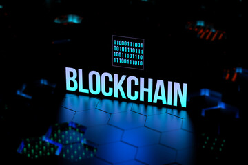 BLOCKCHAIN and binary code neon concept on blurred background. Financial business concept BLOCKCHAIN business network,database. 3D render.