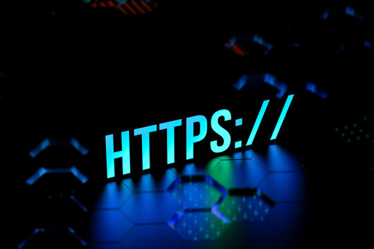 HTTPS - encryption for increased security. HTTPS neon concept with blurred background. Network security. The concept of security in the address of the search engine and web browser.3D render