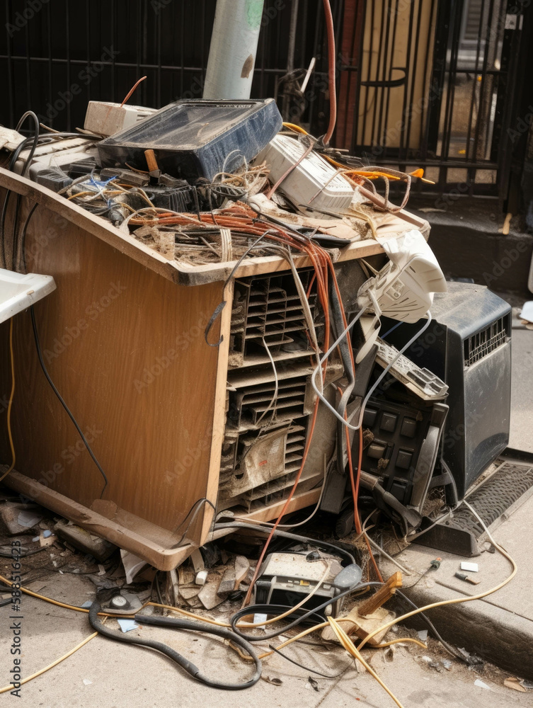 Poster an overflowing dumpster jammed with broken furniture electrical cords and paper waste.. ai generatio