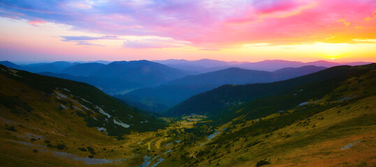 Naklejka na ściany i meble summer nature scenery, scenic sunset view in the mountains