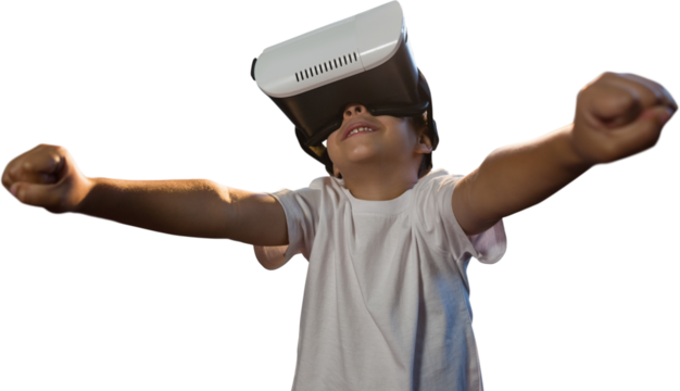 Happy boy using virtual reality glasses