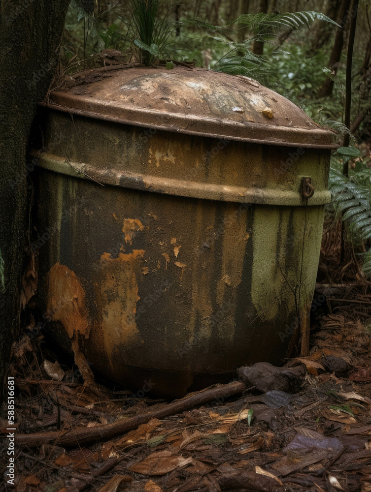 Poster a smelly decrepit bin seemingly filled with the remnants of a lost civilization.. ai generation.